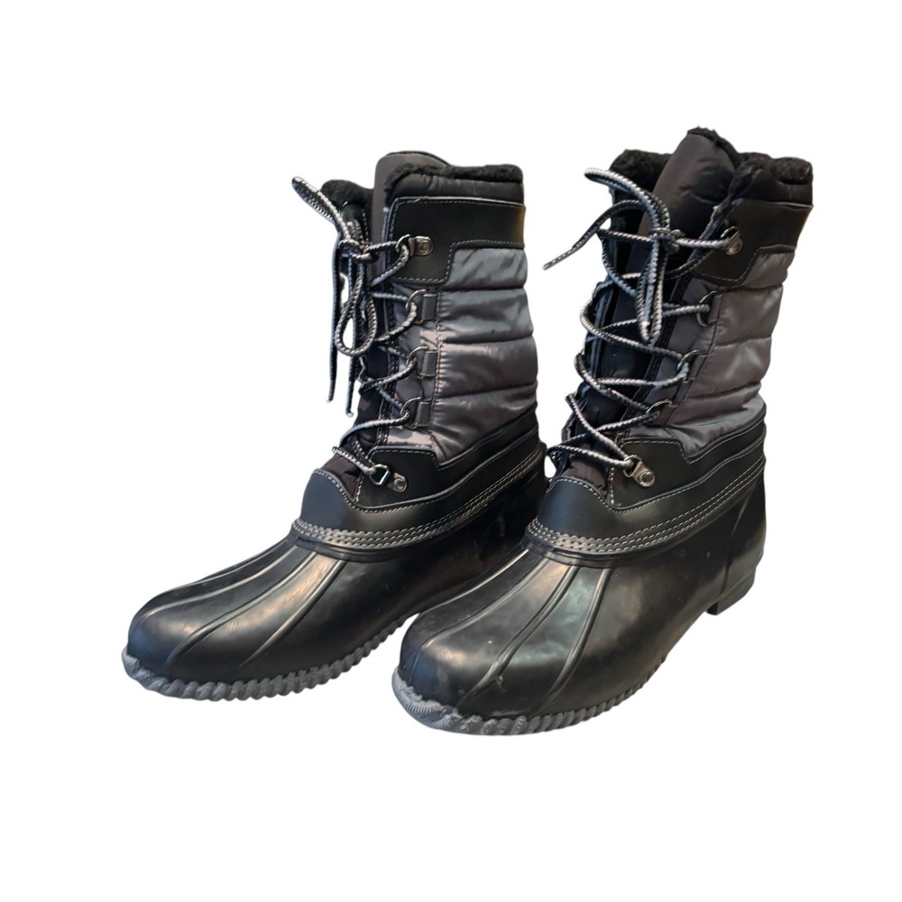 Lands End Womens 502432 Lined Winter Duck Boots Mid Calf Lace Up Black‎ Gray 11